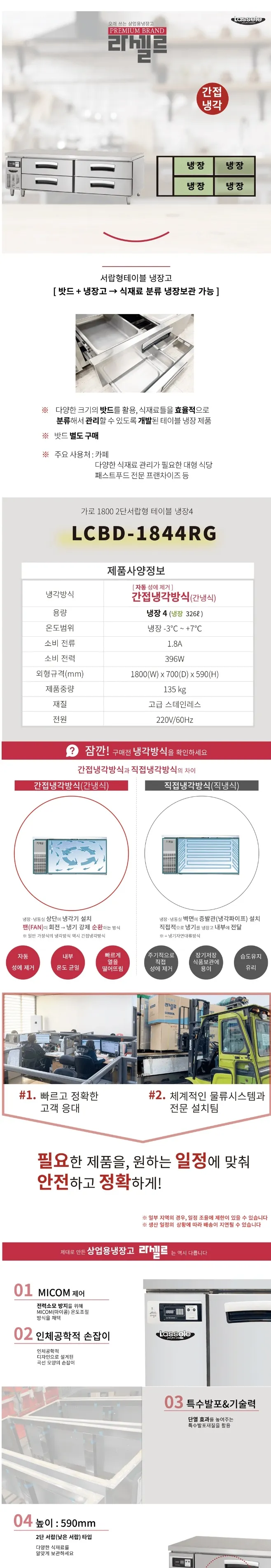 라셀르 간냉식 올스텐 업소용 서랍형 테이블 냉장고 326L (4도어/가로1800) 상세정보 1