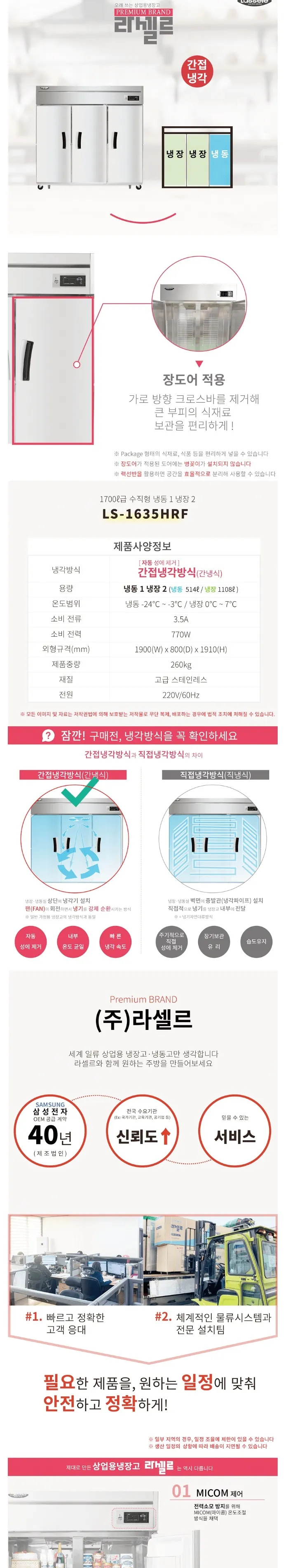 라셀르 간냉식 올스텐 업소용 장도어 냉장고 1622L (냉장2칸 1108L+냉동1칸 514L/65BOX) 상세정보 1