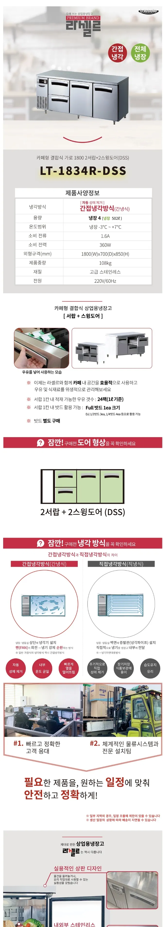 라셀르 간냉식 올스텐 업소용 테이블형 냉장고 502L (4도어/2서랍(좌)+2스윙도어(우)/가로1800) 상세정보 1