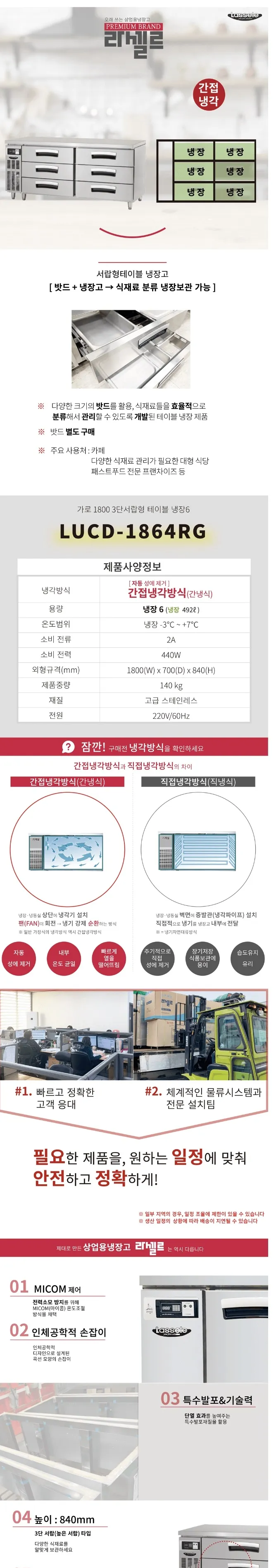 라셀르 간냉식 올스텐 업소용 서랍형 테이블형 냉장고 492L (냉장6칸/가로1800) 상세정보 1